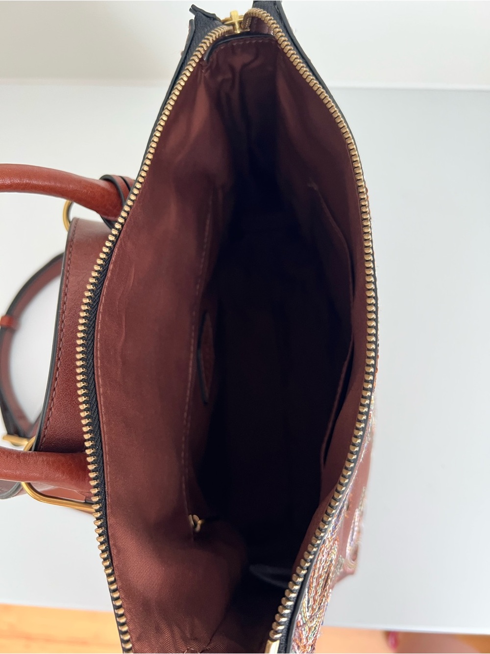 Fossil Brown Leather Satchel with Multicolor Embroidered Florals - Picture 10 of 13